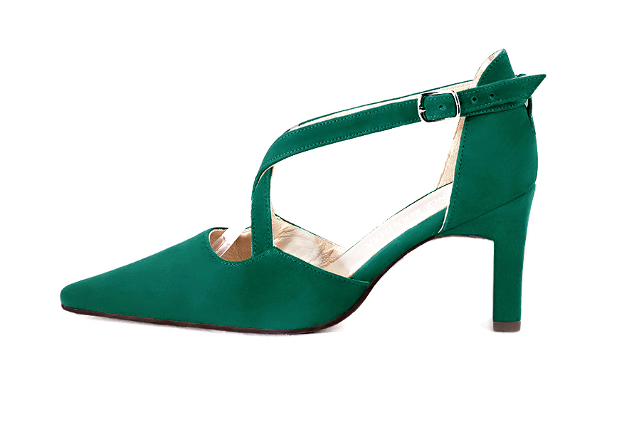 Emerald green open side elegant shoes, with crossed straps. Tapered toe. High comma heels. - Florence KOOIJMAN